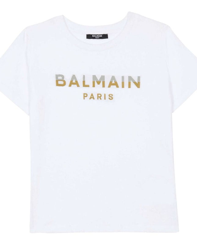 balmain-White Logo Print T-Shirt-bu8r01-z0057-100