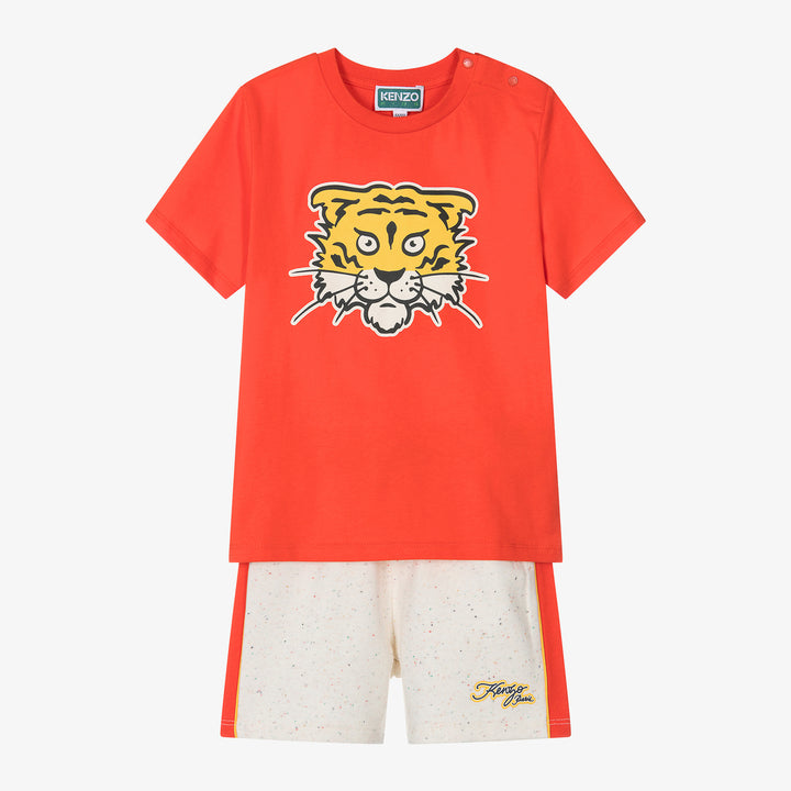 kenzo-k60141-99a-bb-Red Cotton Tiger Shorts Set