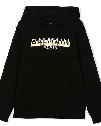 BALMAIN-HOODED SWEATSHIRT W/ TAPE TEXT LOGO-6R4O00-Z0081-930-BLACK GLD