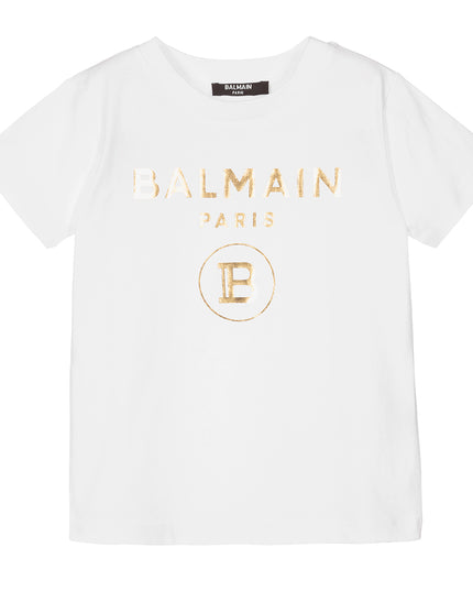 BALMAIN-SS T-SHIRT W/ LOGO GRAPHIC-6R8P21-Z0738-100OR-WHT GOLD