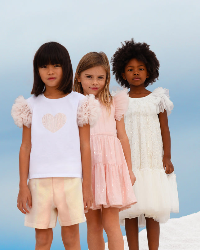 White Beige Accented Heart Rhinestone T-Shirt
