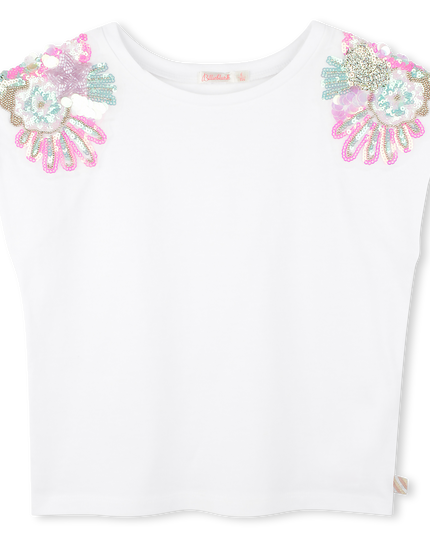 White Floral Sequin Shoulder Embellished T-Shirt
