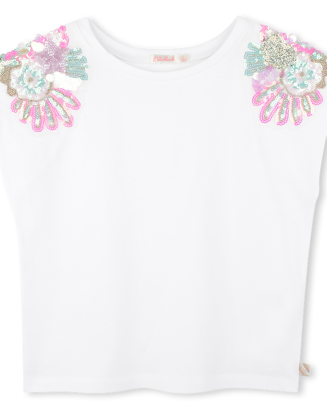 White Floral Sequin Shoulder Embellished T-Shirt