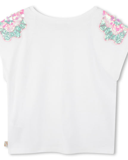White Floral Sequin Shoulder Embellished T-Shirt