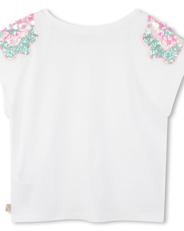 White Floral Sequin Shoulder Embellished T-Shirt