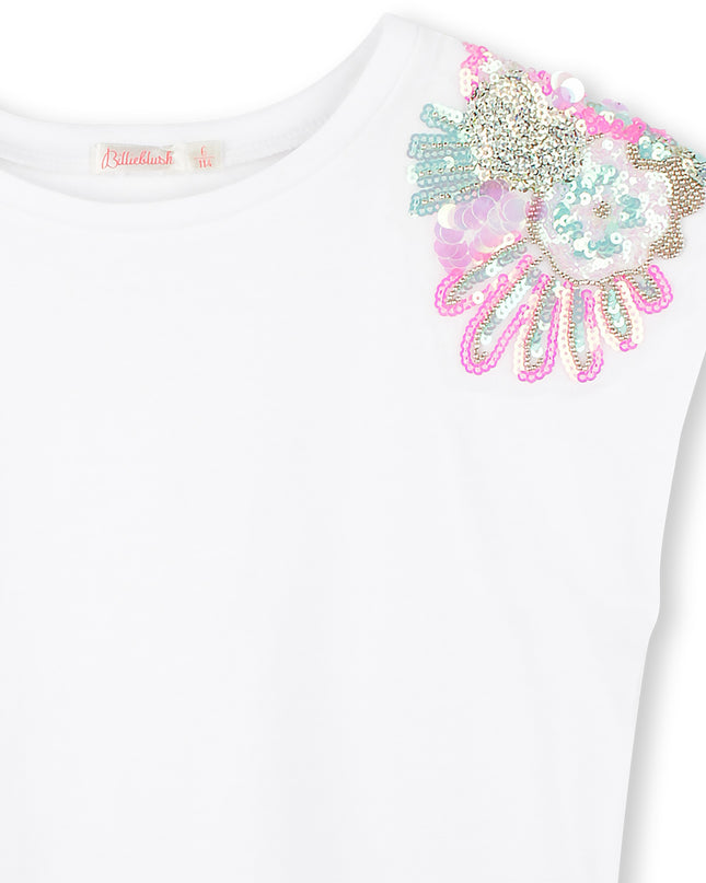 White Floral Sequin Shoulder Embellished T-Shirt