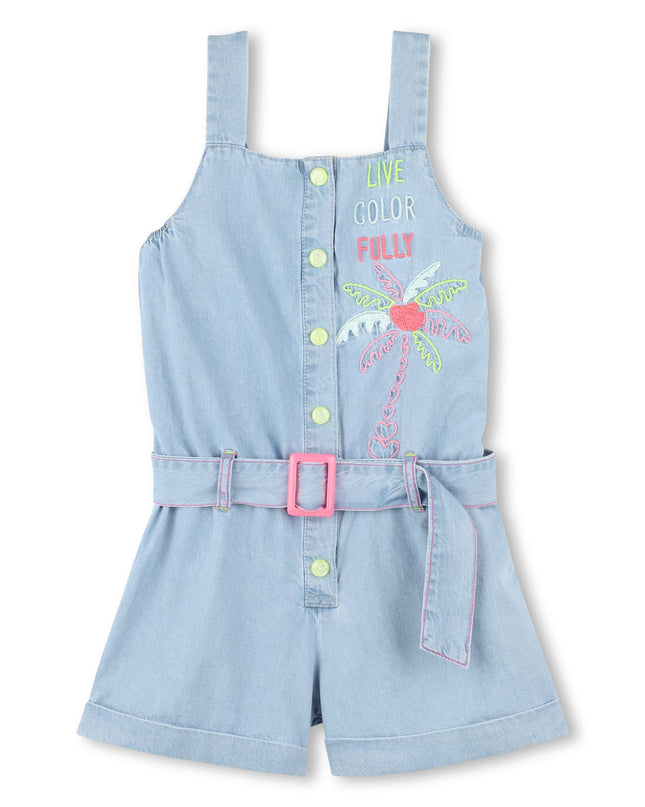 Kids Atelier-Billieblush-Blue Bleached Denim Embroidered One-Piece