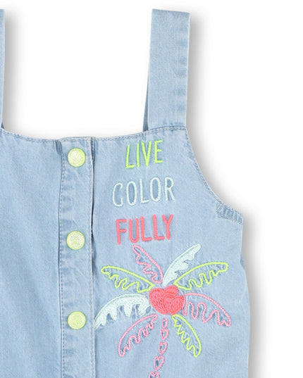 Kids Atelier-Billieblush-Blue Bleached Denim Embroidered One-Piece