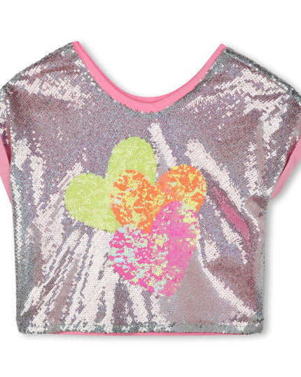Kids Atelier-Billieblush-Silver Pink Sequin Heart T-Shirt