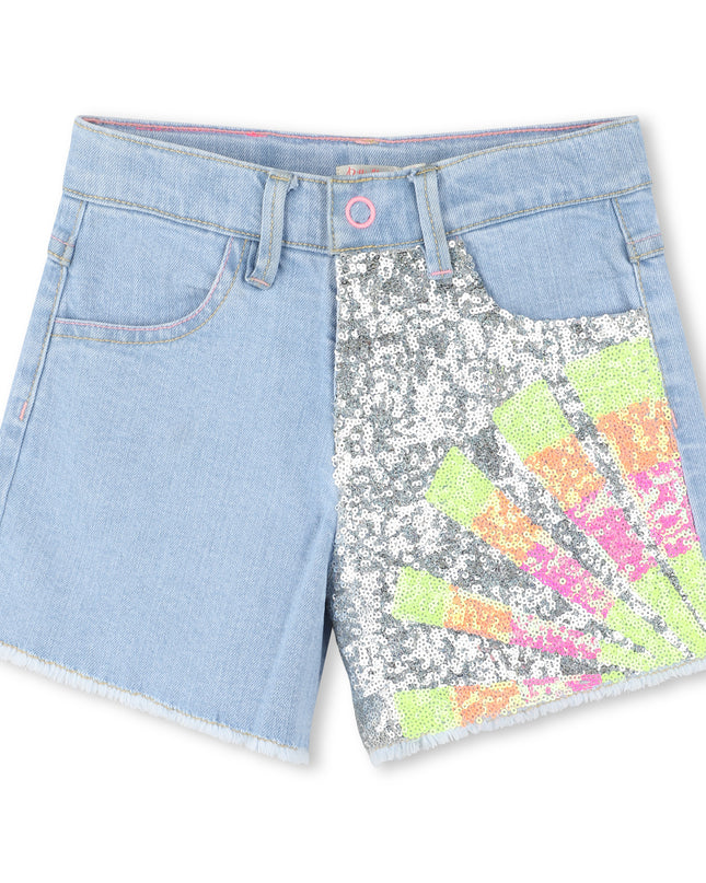 Kids atelier-Billieblush-Blue Denim Half Sequined Pattern Shorts