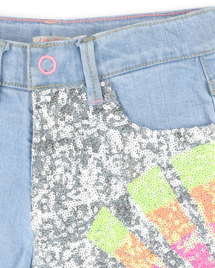 Kids atelier-Billieblush-Blue Denim Half Sequined Pattern Shorts