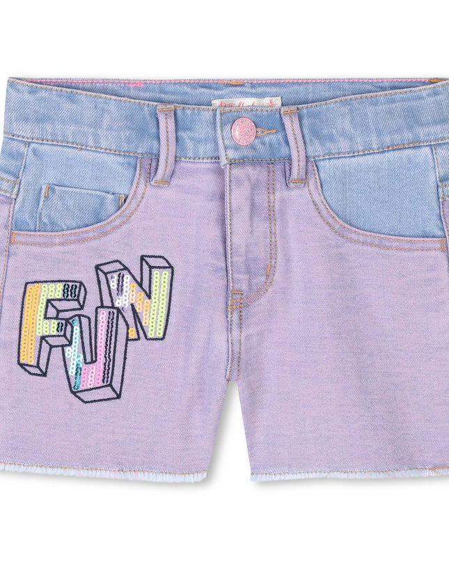 Kids Atelier-Billieblush-Purple Sequin Brossage Denim Shorts