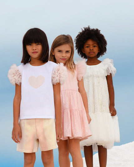 White Beige Accented Heart Rhinestone T-Shirt