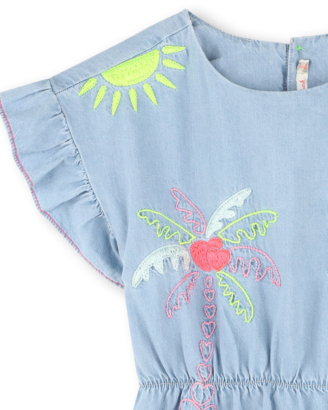 Kids Atelier-Billieblush-Blue Bleach Denim Embroidered Dress