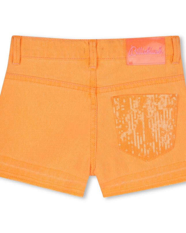Kids Atelier-Billieblush-Orange Pop Denim Sequin Pocket Shorts