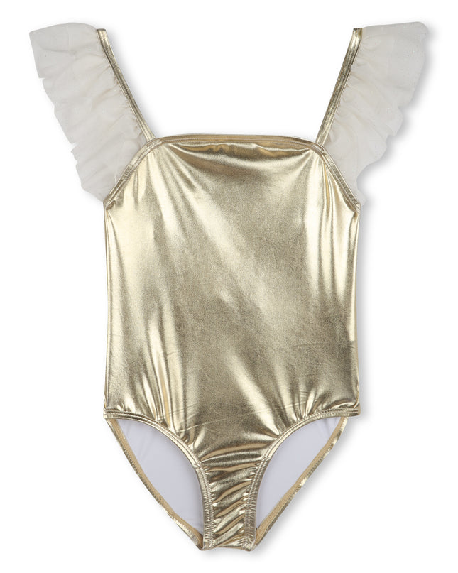 Kids Atelier-Billieblush-Gold Metallic Ruffle Trim Swimsuit