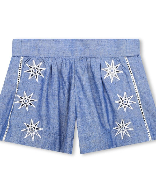 Kids Atelier-Chloe-Blue Star Embroidered Chambray Shorts