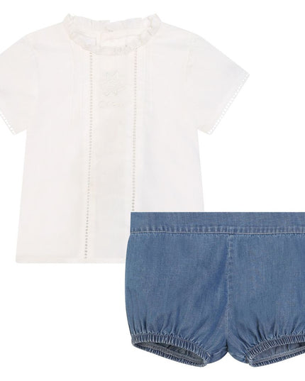 Kids Atelier-Chloe-White Ruffle Blouse and Blue Shorts