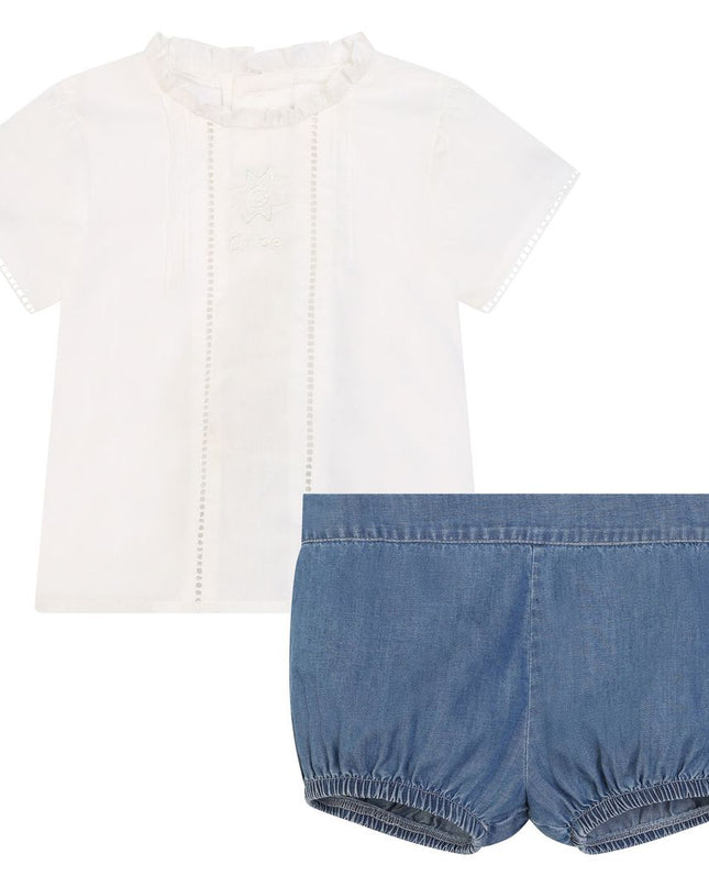 Kids Atelier-Chloe-White Ruffle Blouse and Blue Shorts