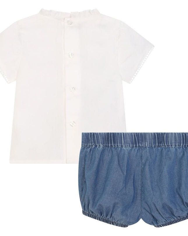 Kids Atelier-Chloe-White Ruffle Blouse and Blue Shorts
