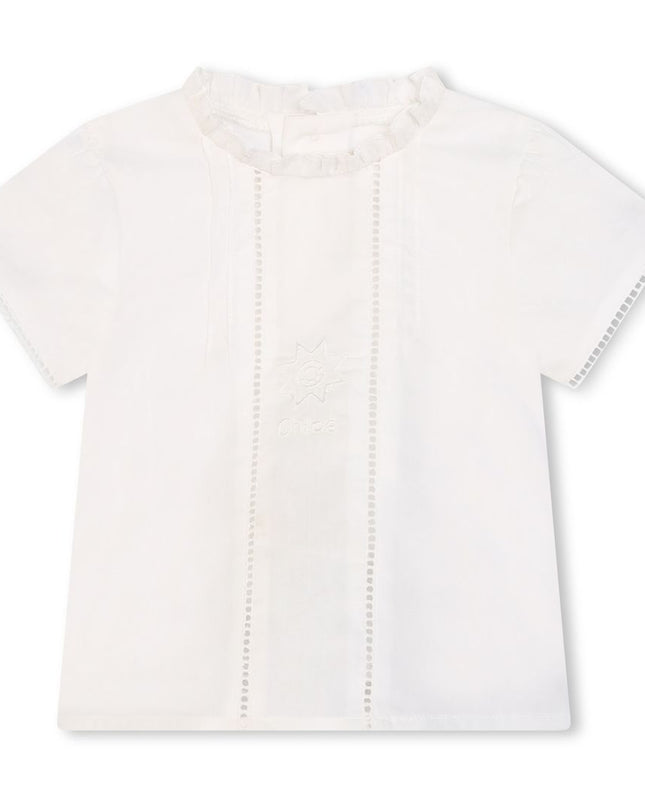 Kids Atelier-Chloe-White Ruffle Blouse and Blue Shorts
