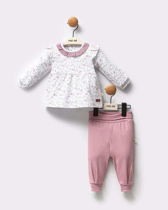 Pink Flower Neckline Ruffle Outfit