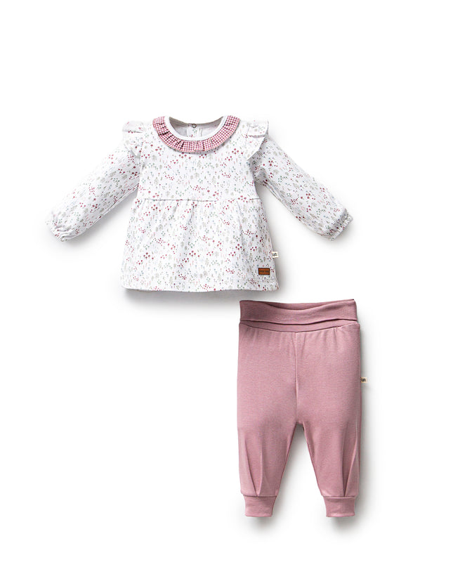 Pink Flower Neckline Ruffle Outfit