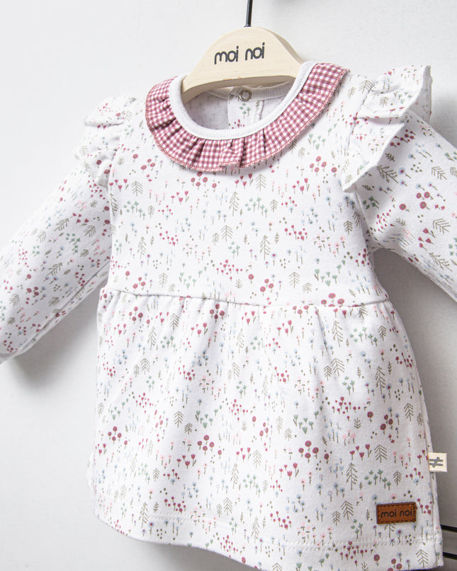 Pink Flower Neckline Ruffle Outfit
