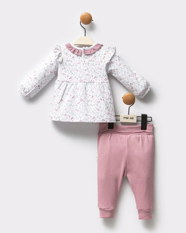 Pink Flower Neckline Ruffle Outfit