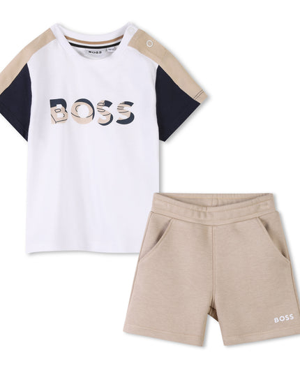 Beige Colorblock Textile Shorts Set