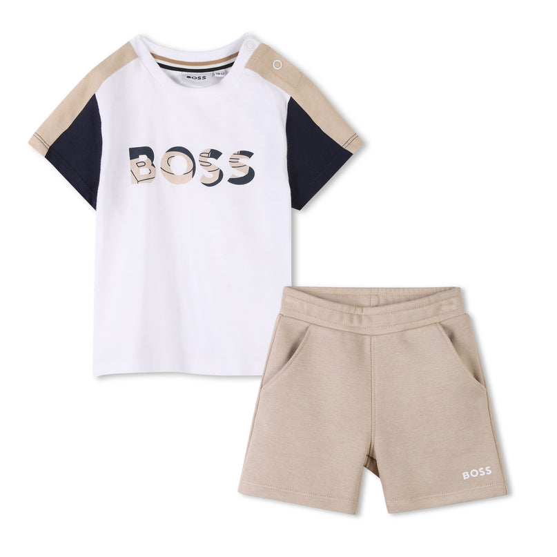 Beige Colorblock Textile Shorts Set