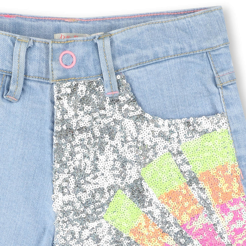 Blue Denim Half Sequined Pattern Shorts