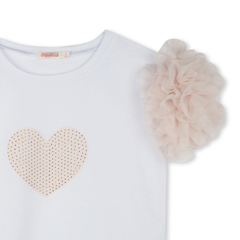 White Beige Accented Heart Rhinestone T-Shirt