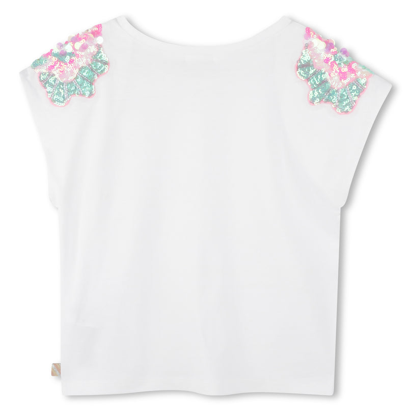 White Floral Sequin Shoulder Embellished T-Shirt