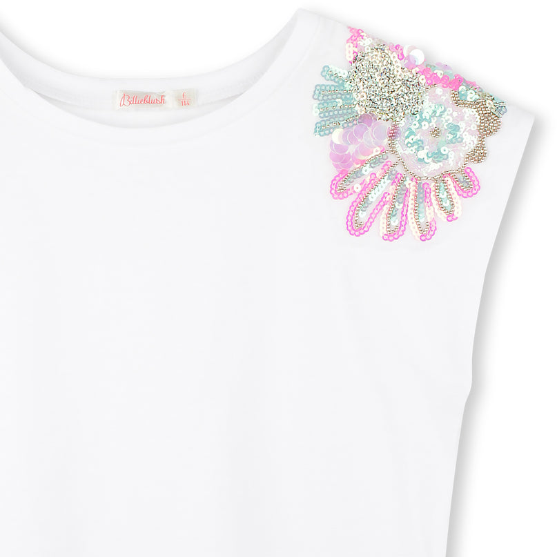 White Floral Sequin Shoulder Embellished T-Shirt