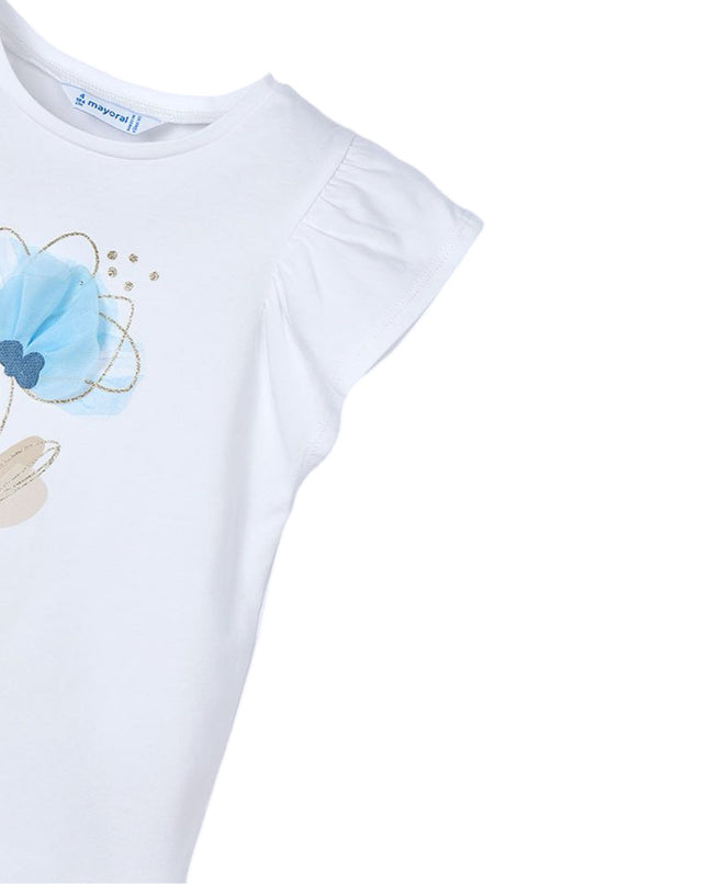 Ivory Cotton Blue Floral Detail T-Shirt