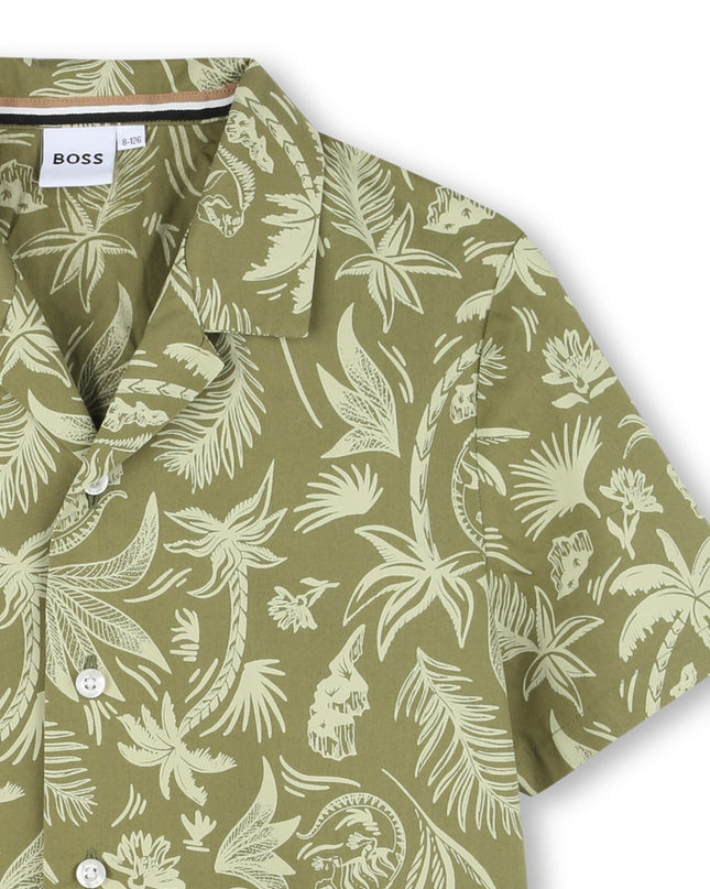 Dark Green Island Palm Button Shirt