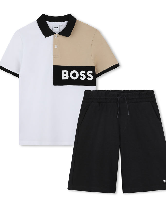 Black Beige Polo Textile Shorts Set