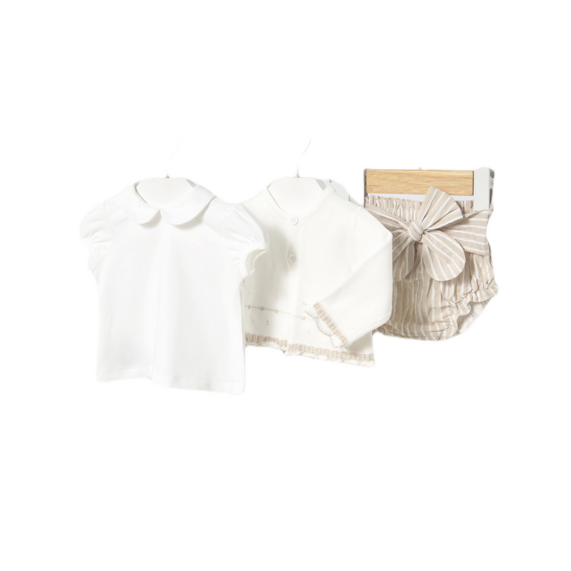Beige Stripe Root Shorts 3 Piece Set