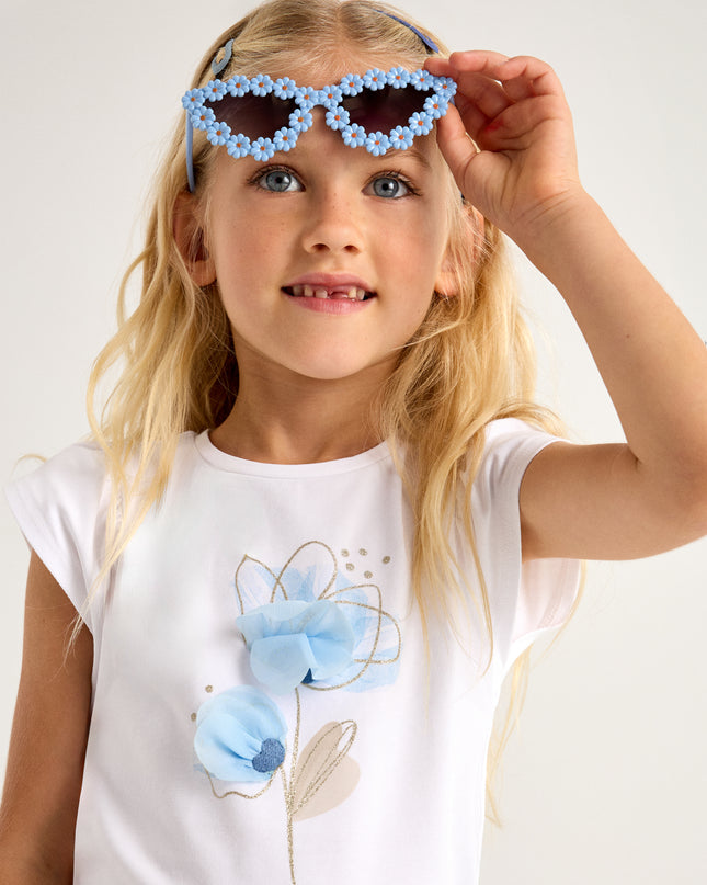 Ivory Cotton Blue Floral Detail T-Shirt
