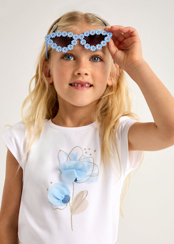 Ivory Cotton Blue Floral Detail T-Shirt