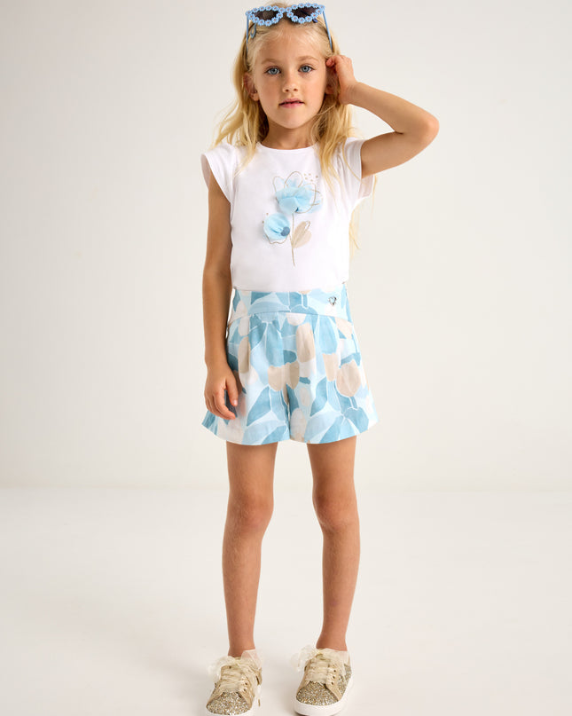 Ivory Cotton Blue Floral Detail T-Shirt