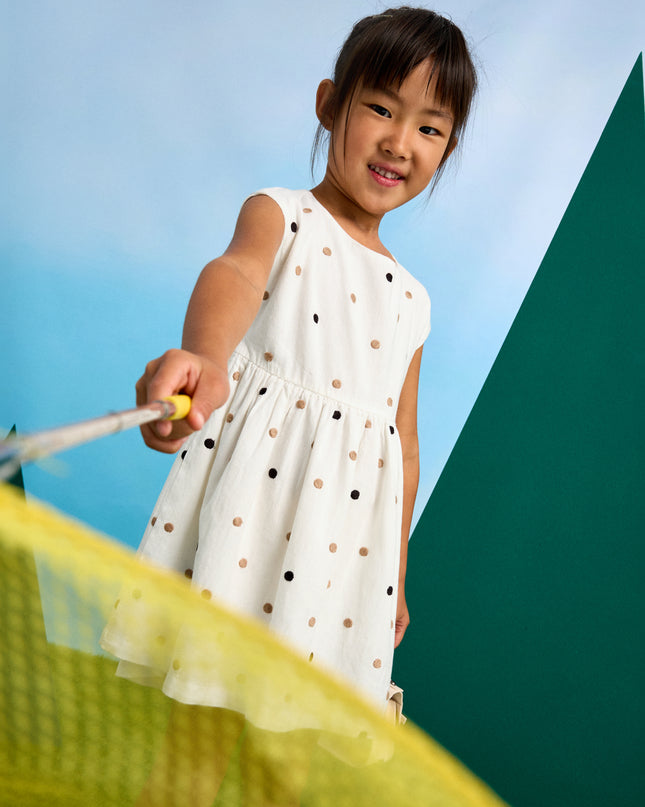 Natural Cinnamon Embroidered Polka Dot Dress
