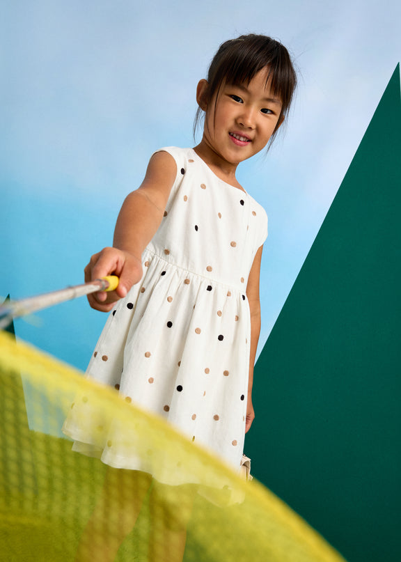 Natural Cinnamon Embroidered Polka Dot Dress