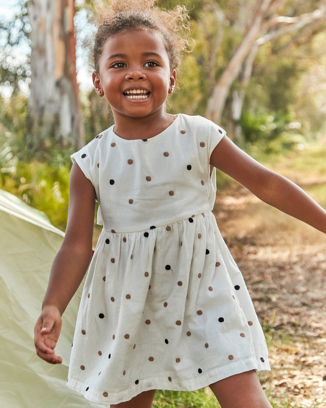 Natural Cinnamon Embroidered Polka Dot Dress