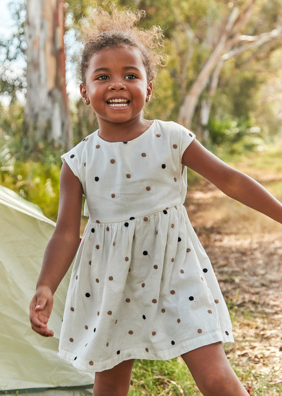 Natural Cinnamon Embroidered Polka Dot Dress