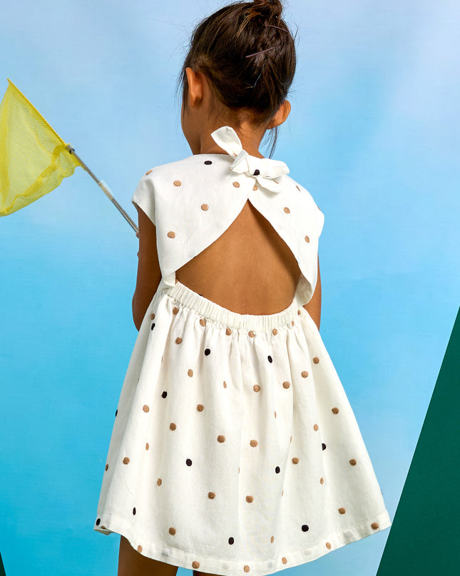 Natural Cinnamon Embroidered Polka Dot Dress
