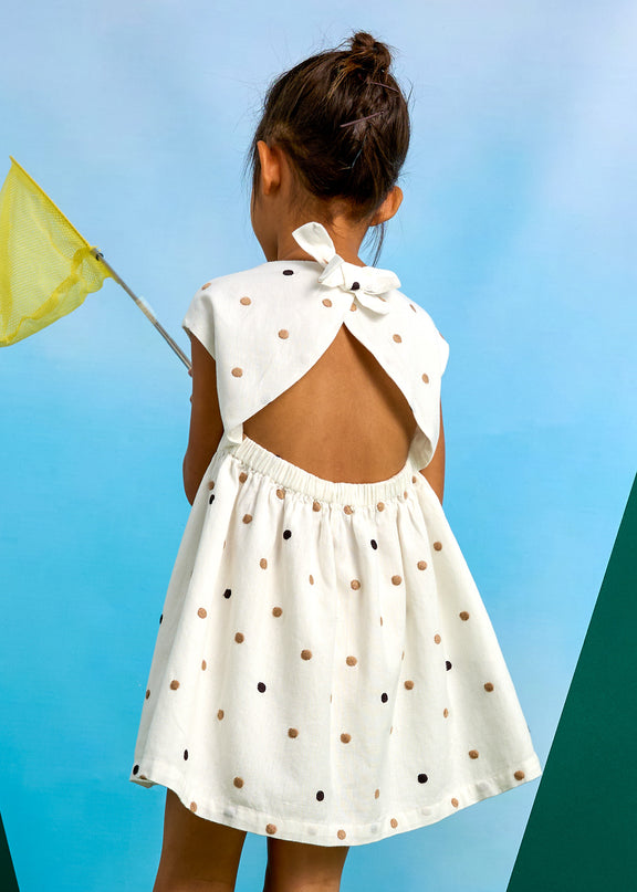 Natural Cinnamon Embroidered Polka Dot Dress