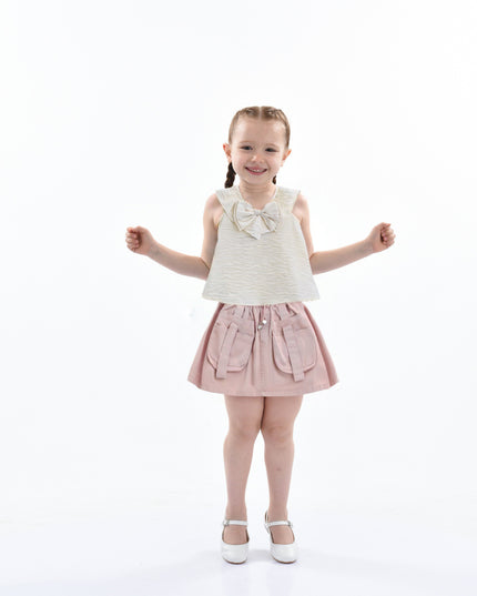 Ivory Pink Strap Bow Shorts Set