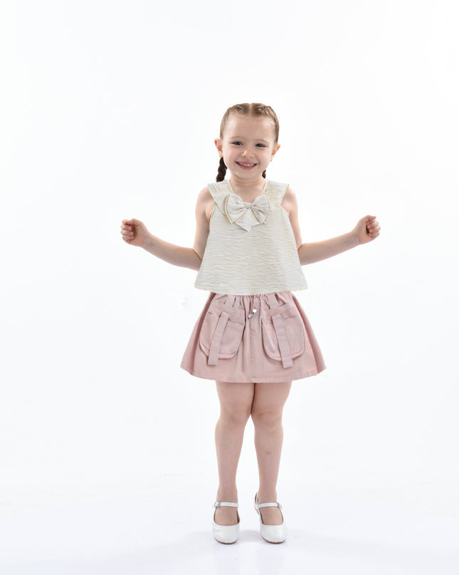 Ivory Pink Strap Bow Shorts Set